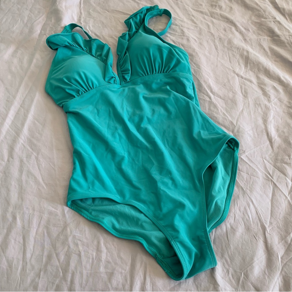 Serra Womens‎ Teal Ruffle V-Neck One Piece Swimsuit Size M Padded Teal Green